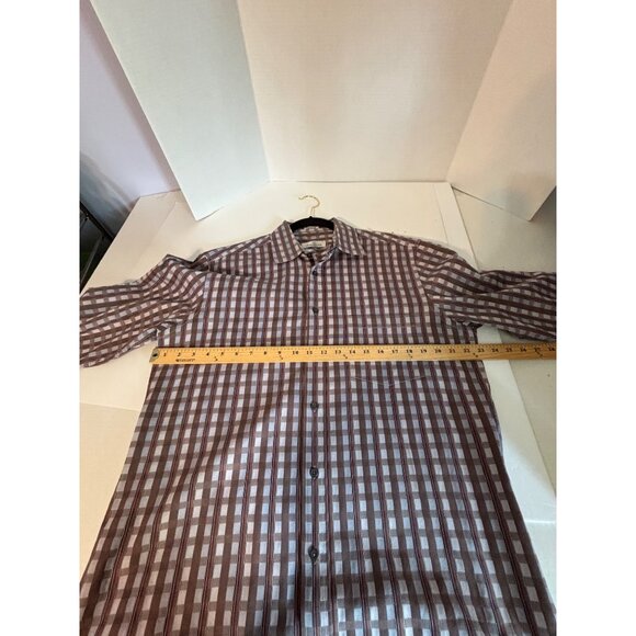 Bugatchi Uomo Mens Large Brown Checkered Long Sleeve Button-Up Shirt Shaped Fit - Picture 8 of 9